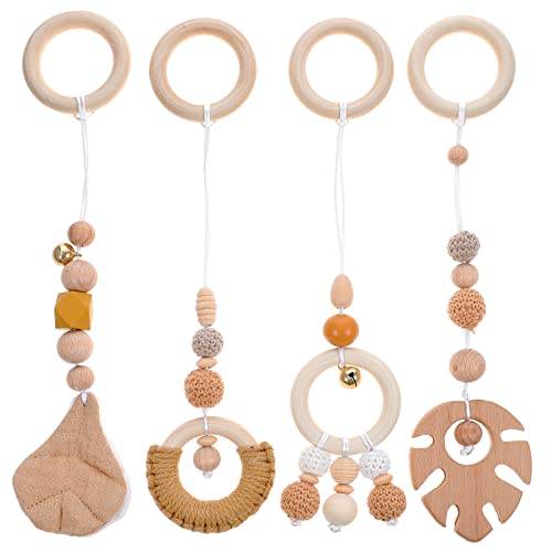 LUOZZY 4Pcs Hanging Rattle Toys Wooden Baby Crib Toys Newborn Car Seats Stroller Toys Creative Present - Khaki