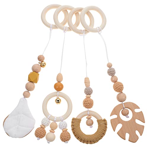 LUOZZY 4Pcs Hanging Rattle Toys Wooden Baby Crib Toys Newborn Car Seats Stroller Toys Creative Present - Khaki