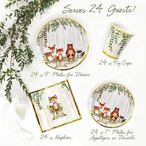 YARA Woodland Creatures Theme Baby Shower & Birthday Party Supplies For Boy & Girl Decorations with paper plates, napkins and cups of Forest Animal Friends Fox Deer Bear Racoon Tableware Set Serves 24