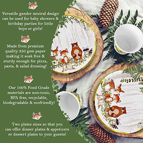 YARA Woodland Creatures Theme Baby Shower & Birthday Party Supplies For Boy & Girl Decorations with paper plates, napkins and cups of Forest Animal Friends Fox Deer Bear Racoon Tableware Set Serves 24