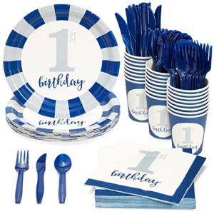 144-piece baby first birthday decorations for boy, 1st birthday theme party supplies with no 1. plates, napkins, 9oz cups, and cutlery, nautical blue color (serves 24)