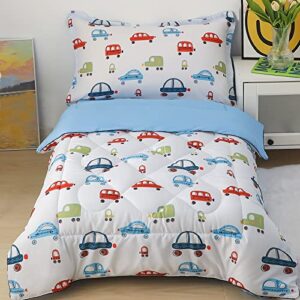 kinbedy 4 pieces white toddler bedding sets for boys cars blue bed sheets set cartoon comforter set for baby kids | include comforter, flat sheet, fitted sheet, pillowcase