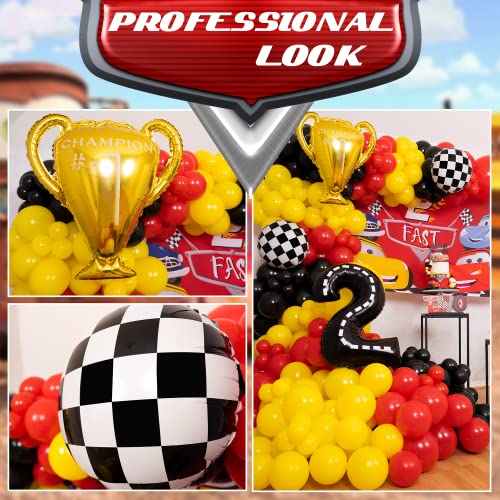 100pcs, EASY DIY – Cars Balloon Garland Kit & Arch with BONUS Trophy & Number 2 - Race Car Balloons for Lightning McQueen Race Car Birthday Party Supplies & Boy Cars Theme Birthday Party Decorations