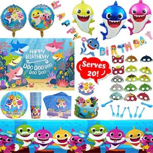 baby shark birthday party decorations kit - 124 piece shark themed party supplies set for boys | party favors include disposable/reusable tableware kit, 3' x 5' photo backdrop, happy birthday banner, shark party headbands and balloons | serves 20 guests