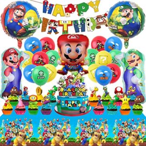mario birthday party supplies, birthday decorations set include banner balloons cake cupcake toppers tablecloth for boys girls video game theme party