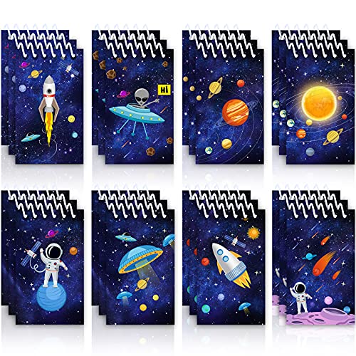 24 Pieces Outer Space Galaxy Mini Notepads, Science Astronaut Rocket Memo Spiral Tiny Notebooks Teacher Classroom Reward Supply for Boys Girls Solar System Planet Birthday Theme Party Favor