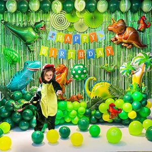 gogogoodie dinosaur party decorations-three rex jurassic world park themed birthday decorations green balloons arch garland kit dino foil balloons happy birthday banner paper fan curtains for boys
