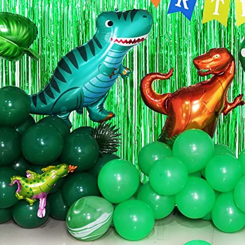 GoGoGoodie Dinosaur Party Decorations-Three Rex Jurassic World Park Themed Birthday Decorations Green Balloons Arch Garland Kit Dino Foil Balloons HAPPY BIRTHDAY Banner Paper Fan Curtains for Boys