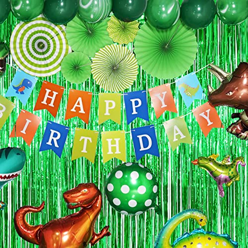 GoGoGoodie Dinosaur Party Decorations-Three Rex Jurassic World Park Themed Birthday Decorations Green Balloons Arch Garland Kit Dino Foil Balloons HAPPY BIRTHDAY Banner Paper Fan Curtains for Boys