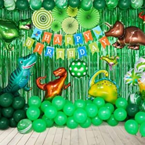 GoGoGoodie Dinosaur Party Decorations-Three Rex Jurassic World Park Themed Birthday Decorations Green Balloons Arch Garland Kit Dino Foil Balloons HAPPY BIRTHDAY Banner Paper Fan Curtains for Boys