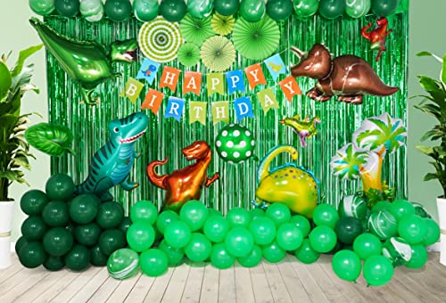 GoGoGoodie Dinosaur Party Decorations-Three Rex Jurassic World Park Themed Birthday Decorations Green Balloons Arch Garland Kit Dino Foil Balloons HAPPY BIRTHDAY Banner Paper Fan Curtains for Boys