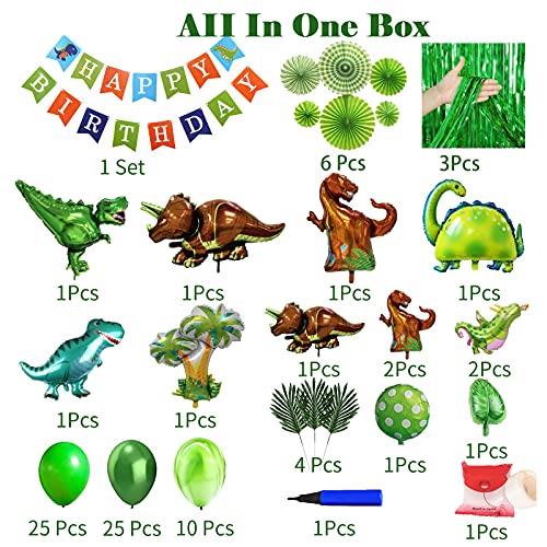 GoGoGoodie Dinosaur Party Decorations-Three Rex Jurassic World Park Themed Birthday Decorations Green Balloons Arch Garland Kit Dino Foil Balloons HAPPY BIRTHDAY Banner Paper Fan Curtains for Boys