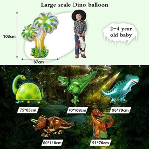 GoGoGoodie Dinosaur Party Decorations-Three Rex Jurassic World Park Themed Birthday Decorations Green Balloons Arch Garland Kit Dino Foil Balloons HAPPY BIRTHDAY Banner Paper Fan Curtains for Boys