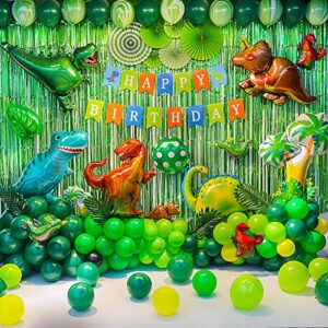 GoGoGoodie Dinosaur Party Decorations-Three Rex Jurassic World Park Themed Birthday Decorations Green Balloons Arch Garland Kit Dino Foil Balloons HAPPY BIRTHDAY Banner Paper Fan Curtains for Boys