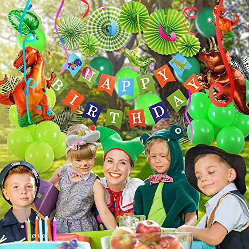 GoGoGoodie Dinosaur Party Decorations-Three Rex Jurassic World Park Themed Birthday Decorations Green Balloons Arch Garland Kit Dino Foil Balloons HAPPY BIRTHDAY Banner Paper Fan Curtains for Boys