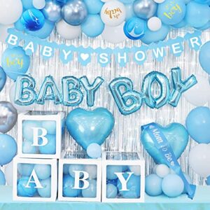 baby shower decoration for boy blue balloons and it's a boy themes party supplies boxes banner silver background