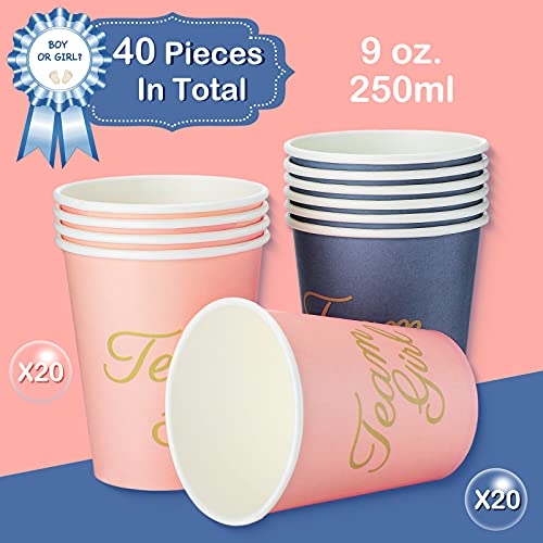 CHENGU 40 Pieces Gender Reveal Cups 9 Ounce Letters Team Girl Cups Team Boy Cups for Baby Shower Birthday Party Decoration Supplies (Simple Style, Navy Blue and Pink)