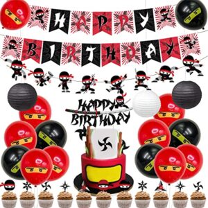 Ninja Birthday Party Decoration Red and Black Warrior Themed Party Supplies for Boys with Ninja Happy Birthday Banner Cake Topper Sticker and Paper Lanterns