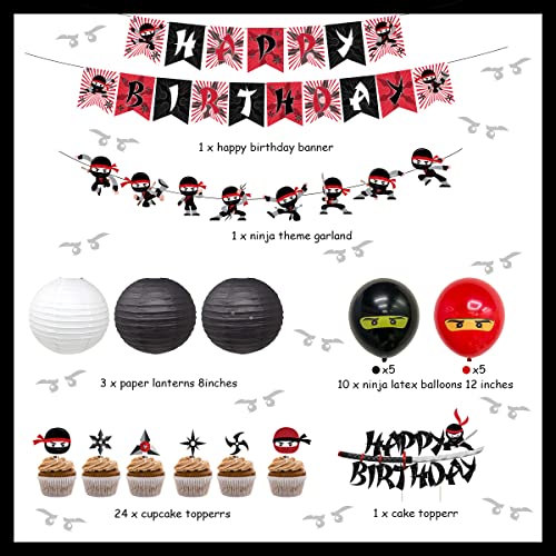 Ninja Birthday Party Decoration Red and Black Warrior Themed Party Supplies for Boys with Ninja Happy Birthday Banner Cake Topper Sticker and Paper Lanterns