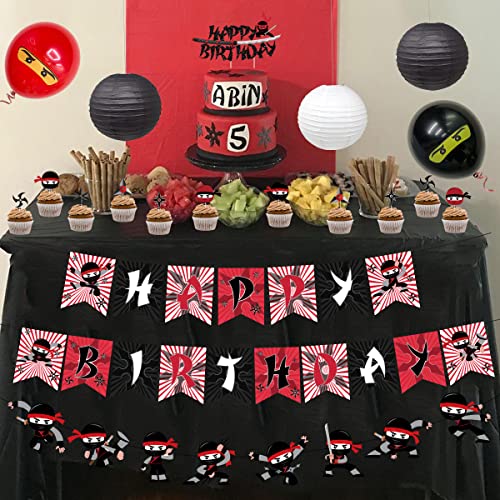 Ninja Birthday Party Decoration Red and Black Warrior Themed Party Supplies for Boys with Ninja Happy Birthday Banner Cake Topper Sticker and Paper Lanterns