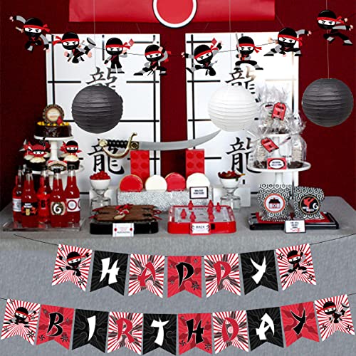 Ninja Birthday Party Decoration Red and Black Warrior Themed Party Supplies for Boys with Ninja Happy Birthday Banner Cake Topper Sticker and Paper Lanterns