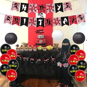 Ninja Birthday Party Decoration Red and Black Warrior Themed Party Supplies for Boys with Ninja Happy Birthday Banner Cake Topper Sticker and Paper Lanterns