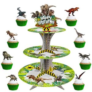 dinosaur cupcake toppers 24pcs and dinosaur cupcake stand jurassic birthday party supplies set for kids boys dinosaur theme birthday party decorations 3 tier dino cardboard cupcake stand topper