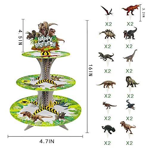 Dinosaur Cupcake Toppers 24Pcs and Dinosaur Cupcake Stand Jurassic Birthday Party Supplies Set for Kids Boys Dinosaur Theme Birthday Party Decorations 3 Tier Dino Cardboard Cupcake Stand Topper