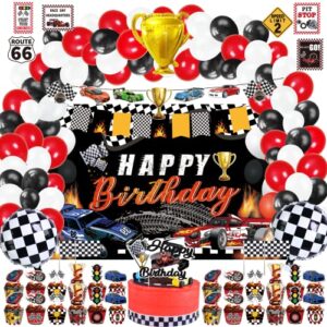 race car birthday party supplies, 142 pcs racecar racing party decorations for boys baby - backdrop, banner, cake, and cupcake toppers, balloons, cupcakes wrappers, party traffic signs, flags