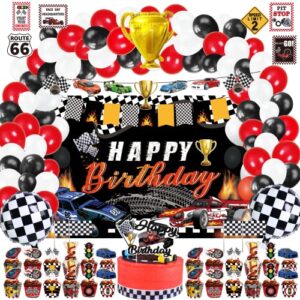 Race Car Birthday Party Supplies, 142 Pcs Racecar Racing Party Decorations for Boys Baby - Backdrop, Banner, Cake, and Cupcake Toppers, Balloons, Cupcakes Wrappers, Party Traffic Signs, Flags