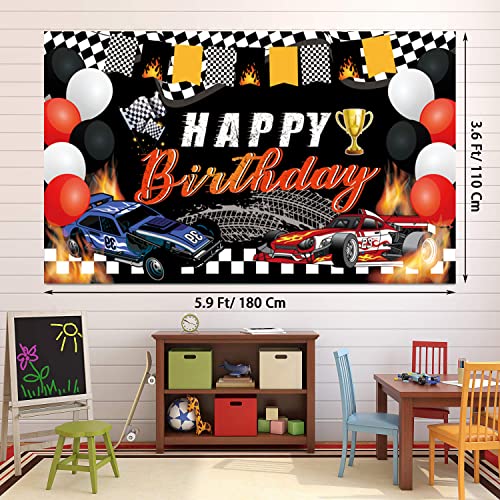 Race Car Birthday Party Supplies, 142 Pcs Racecar Racing Party Decorations for Boys Baby - Backdrop, Banner, Cake, and Cupcake Toppers, Balloons, Cupcakes Wrappers, Party Traffic Signs, Flags