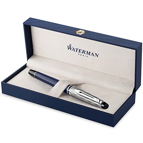 Waterman Expert Rollerball Pen | Metal & Blue Lacquer | Chiselled Cap | Black Ink | Gift Box