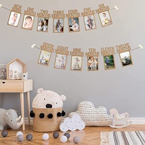 IMETBOX First Birthday Photo Banner Kraft - 1st Birthday Photo Banner from Newborn to 12 Months for 6-7 Inch Photo - Photo Banner for 1st Birthday Girl, Boy, No Pre-strung, 8.9*5.3 Inch