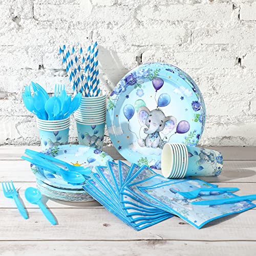 200 Pcs Elephant Baby Shower Party Supplies for 25 Guests Blue Paper Plates Cups Napkins Straws Tableware Sets for Boys Baby Shower Decorations Elephant Theme 1st Birthday Party Favors