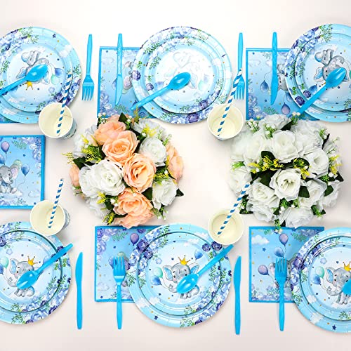 200 Pcs Elephant Baby Shower Party Supplies for 25 Guests Blue Paper Plates Cups Napkins Straws Tableware Sets for Boys Baby Shower Decorations Elephant Theme 1st Birthday Party Favors