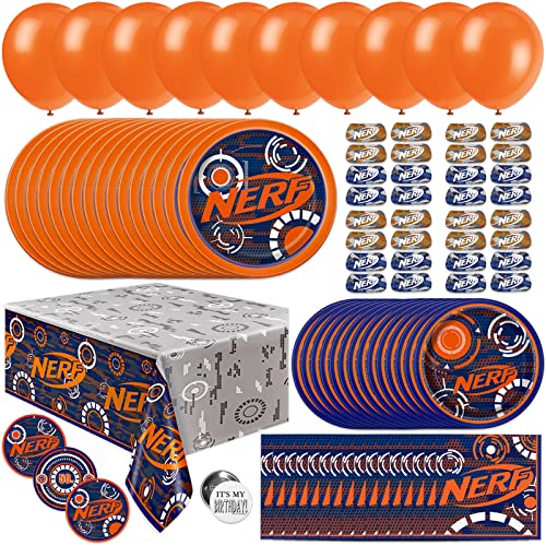 Mega Nerf Party Supplies for Birthday, Decorations, and Favors, Serves 16 Guests, Easy Setup and Takedown with Plates, Napkins, and More