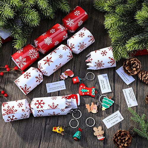 83 Pcs Christmas Party Table Non Snap Holiday Supplies, Include Christmas No Snap Crackers, Tissue Paper Cracker Hats, Christmas Jokes, Keychain and Brooch for Holidays, No Snap Strips (Red, White)