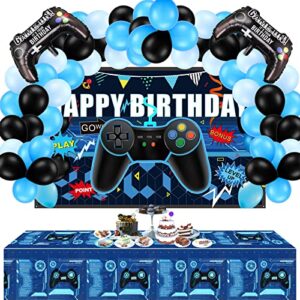 34 pieces video game party supplies set gamer brthday decorations including happy birthday gaming backdrop, game table covers, multi-color balloons and foil gamer balloons for game party decoration