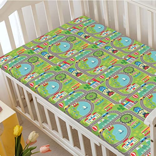 Car Race Track Themed Fitted Crib Sheet,Standard Crib Mattress Fitted Sheet Soft Toddler Mattress Sheet Fitted-Crib Mattress Sheet or Toddler Bed Sheet, 28“ x52“,Multicolor