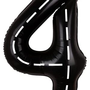 Race Car Birthday Balloon Number 4-40 Inch Big Foil Mylar Racetrack Black 4 Balloon for Boys 4th Birthday Party Decorations Racing Car Theme Party Supplies Anniversary Celebrations Decor