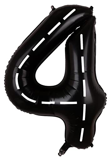 Race Car Birthday Balloon Number 4-40 Inch Big Foil Mylar Racetrack Black 4 Balloon for Boys 4th Birthday Party Decorations Racing Car Theme Party Supplies Anniversary Celebrations Decor