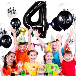 Race Car Birthday Balloon Number 4-40 Inch Big Foil Mylar Racetrack Black 4 Balloon for Boys 4th Birthday Party Decorations Racing Car Theme Party Supplies Anniversary Celebrations Decor