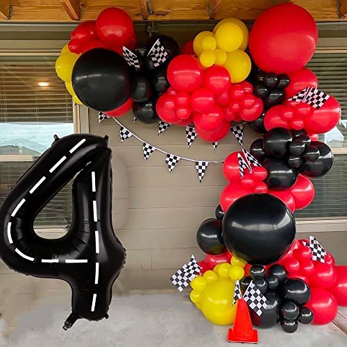 Race Car Birthday Balloon Number 4-40 Inch Big Foil Mylar Racetrack Black 4 Balloon for Boys 4th Birthday Party Decorations Racing Car Theme Party Supplies Anniversary Celebrations Decor