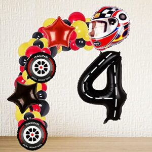 Race Car Birthday Balloon Number 4-40 Inch Big Foil Mylar Racetrack Black 4 Balloon for Boys 4th Birthday Party Decorations Racing Car Theme Party Supplies Anniversary Celebrations Decor