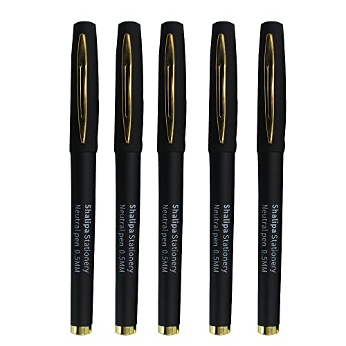 Shalipa Liquid Ink Rollerball Pens 5 Pack Black Roller ball pen 0.5mm ball pen Writing pen for students' office (Gold)