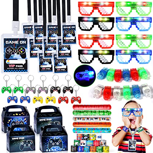 Golray 72Pcs Video Game Party Favors Kids Boy Gamer Birthday Gift with Box VIP Pass Holder LED Glasses Rings Toys for Teen Men Game On Birthday Party Supplies Decorations Pinata Goodie Bag Stuffers