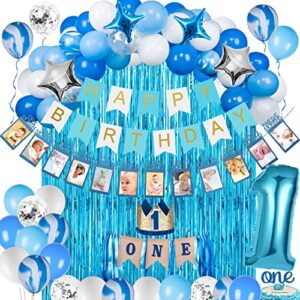 joyypop 1st birthday boy decorations 66pcs blue 1st birthday decorations for boy with 12 months photo banner, 1st birthday baby crown, cake topper, 1st birthday highchair banner