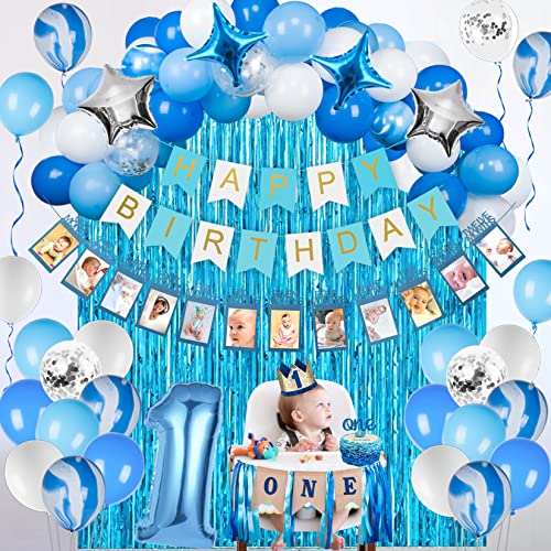 JOYYPOP 1st Birthday Boy Decorations 66PCS Blue 1st Birthday Decorations for Boy with 12 Months Photo Banner, 1st Birthday Baby Crown, Cake Topper, 1st Birthday Highchair Banner