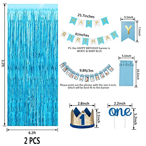 JOYYPOP 1st Birthday Boy Decorations 66PCS Blue 1st Birthday Decorations for Boy with 12 Months Photo Banner, 1st Birthday Baby Crown, Cake Topper, 1st Birthday Highchair Banner