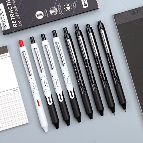 Writech Retractable Liquid Rollerball Pen: Click Silent Multicolor Rolling Ball Pens Black & Red Ink Color-Writing Journaling Notetaking Sketching 8ct Smooth 0.5mm Fine Point Tip No Bleed Smear Smudge